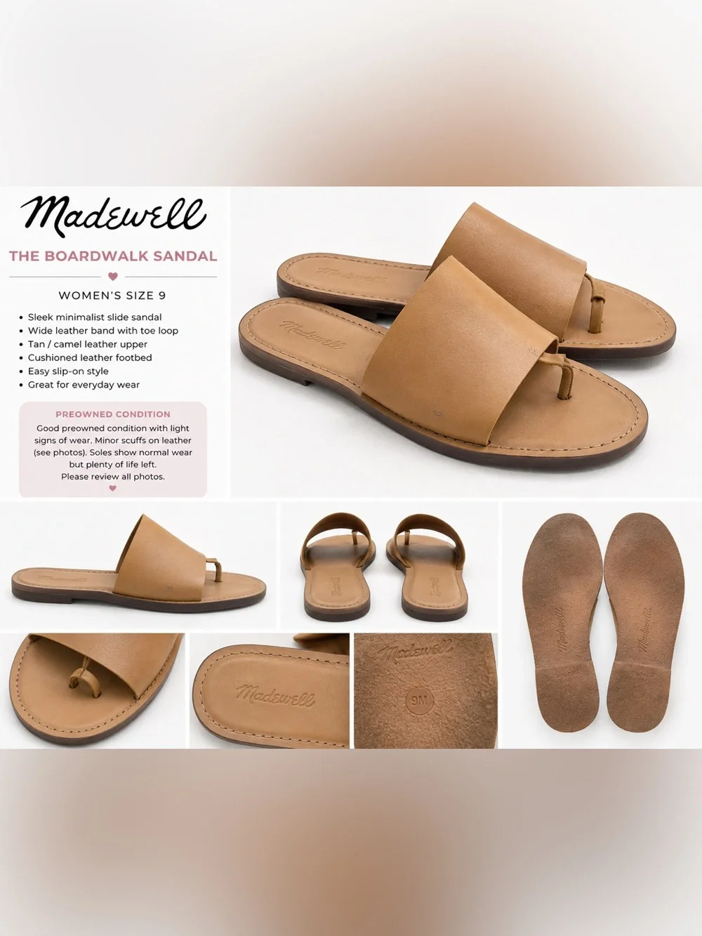 Madewell Boardwalk Post Slide Leather Sandals Tan Women’s Size 9